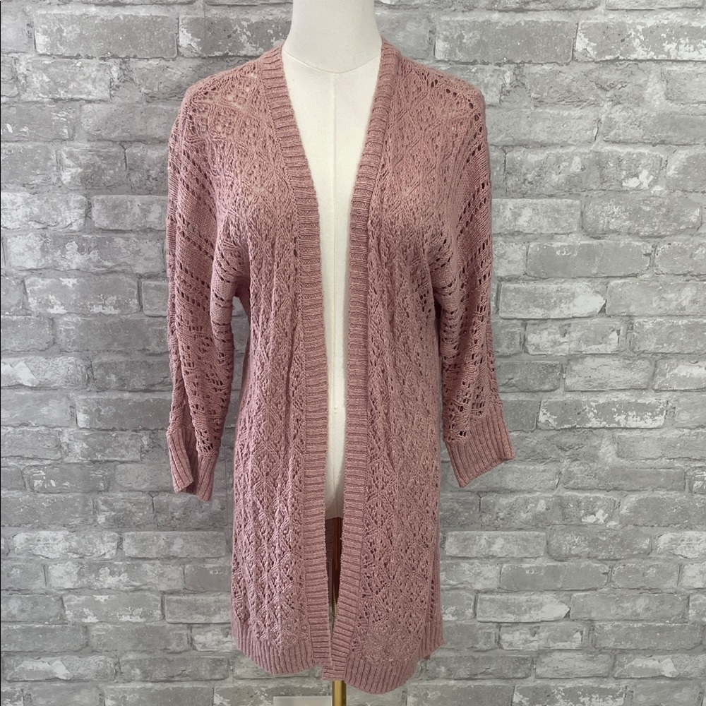 Open-Front Rose Knit Cardigan Sweater